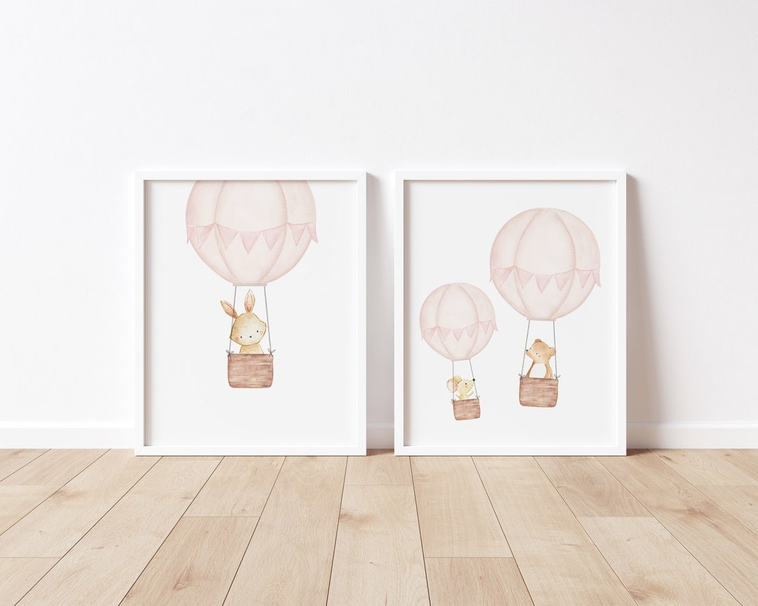 Blush Pink Hot Air Balloon Nursery Print, Bunny Print, Nursery Wall Art ...