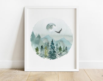 Landscape Print, Woodland Nursery Print, Evergreens, Baby Boy Woodland Nursery Wall Art, Woodland Decor, Nursery Wall Decor, Scenery Print,