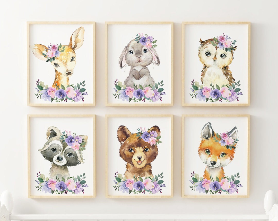 Baby Girl Nursery Wall Art, Lavender Pink Floral Prints, Woodland ...