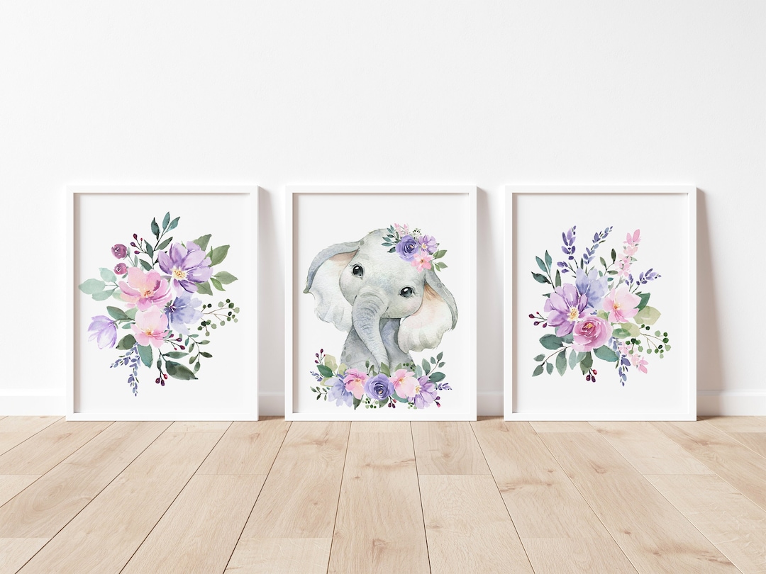 Set of 3 Floral Nursery Wall Art, Safari Animal Print, Pink Floral ...