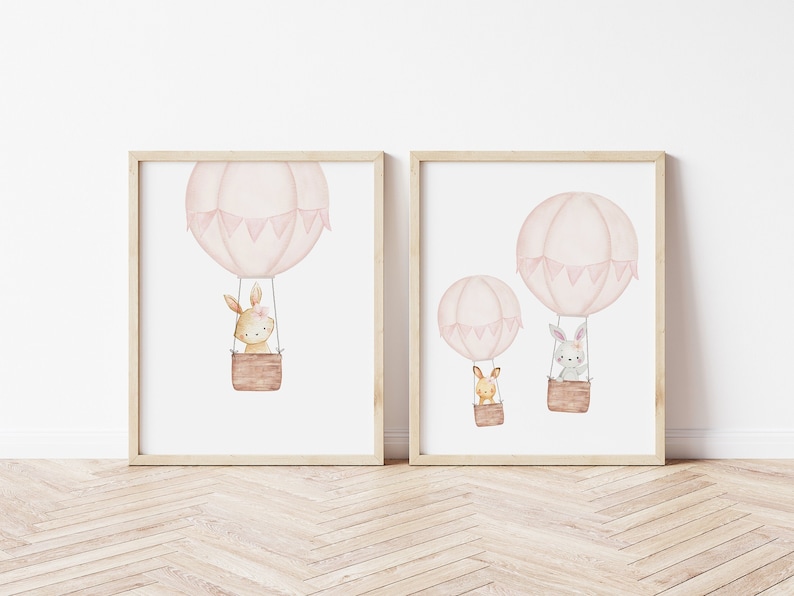 Blush Pink Hot Air Balloon Nursery Print, Bunny Print, Nursery Wall Art ...