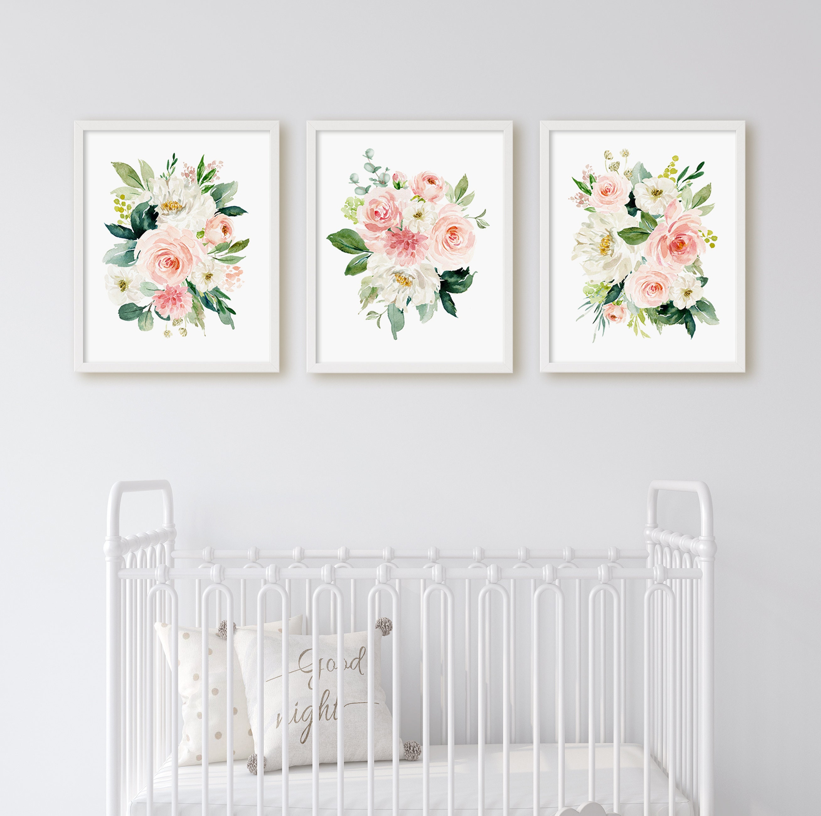Girl Nursery Blush Pink Watercolor Floral Bouquets, Watercolor Floral ...