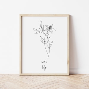 Black and White Birth Flower Prints, Line Art Drawing, May Lily, Living Room Decor, Minimal Decor, Home Decor, Modern Art, Modern Prints,