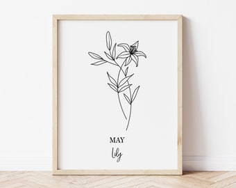 Black and White Birth Flower Prints, Line Art Drawing, May Lily, Living Room Decor, Minimal Decor, Home Decor, Modern Art, Modern Prints,