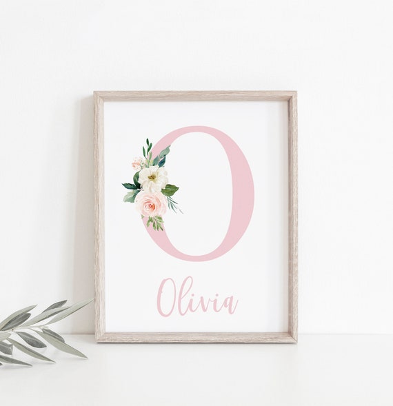 Personalized Baby Name Print Monogram Letter Blush Pink Floral
