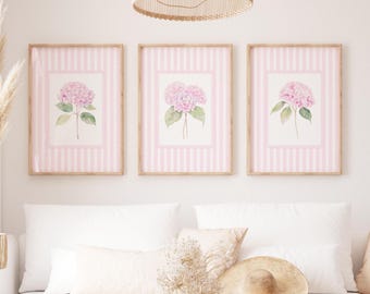 Set of 3 Pink Hydrangea Prints, Pink Stripes, Chinoiserie Wall Art, Hydrangea Print, Grand Millennial Art, Hydrangea Painting, Botanical Art