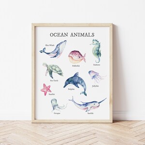 May include: A watercolor illustration of ocean animals with their names labeled below each image. The animals include a blue whale, seahorse, pufferfish, sea turtle, dolphin, jellyfish, starfish, octopus, and sawfish.