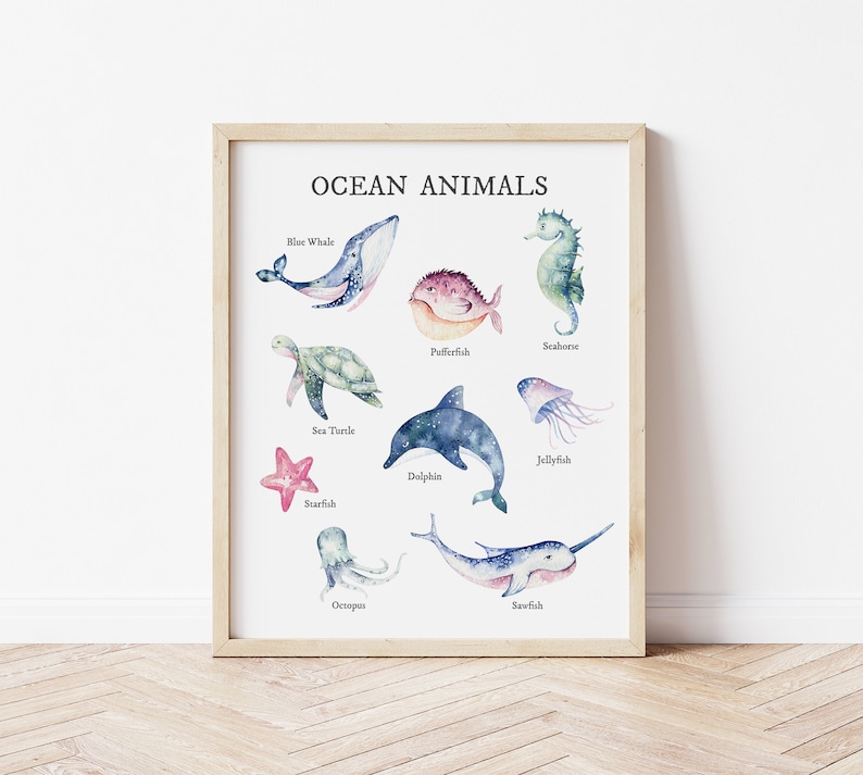 May include: A watercolor illustration of ocean animals with their names labeled below each image. The animals include a blue whale, seahorse, pufferfish, sea turtle, dolphin, jellyfish, starfish, octopus, and sawfish.