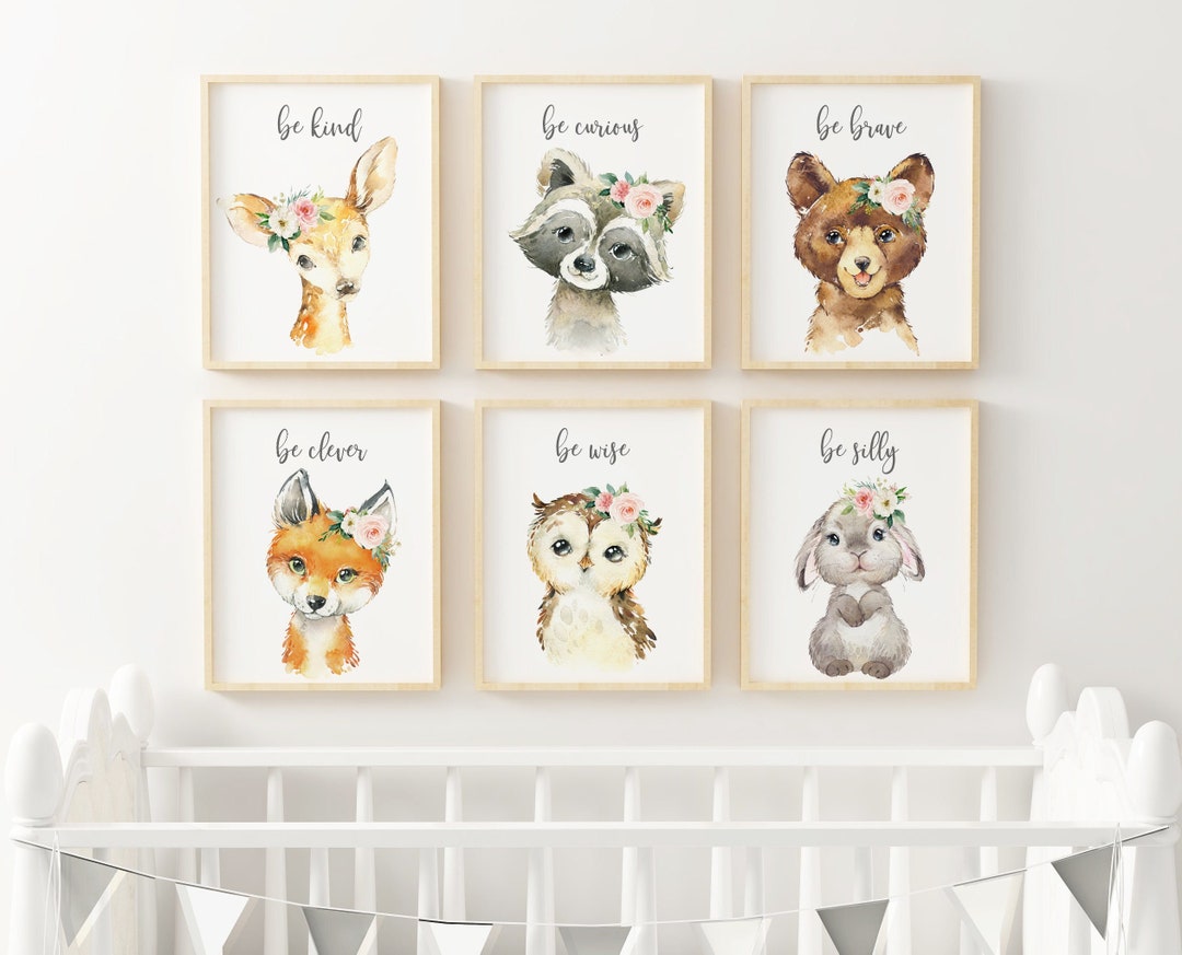 Baby Girl Pink Peach Floral Nursery Prints, Woodland Animal Wall Art ...