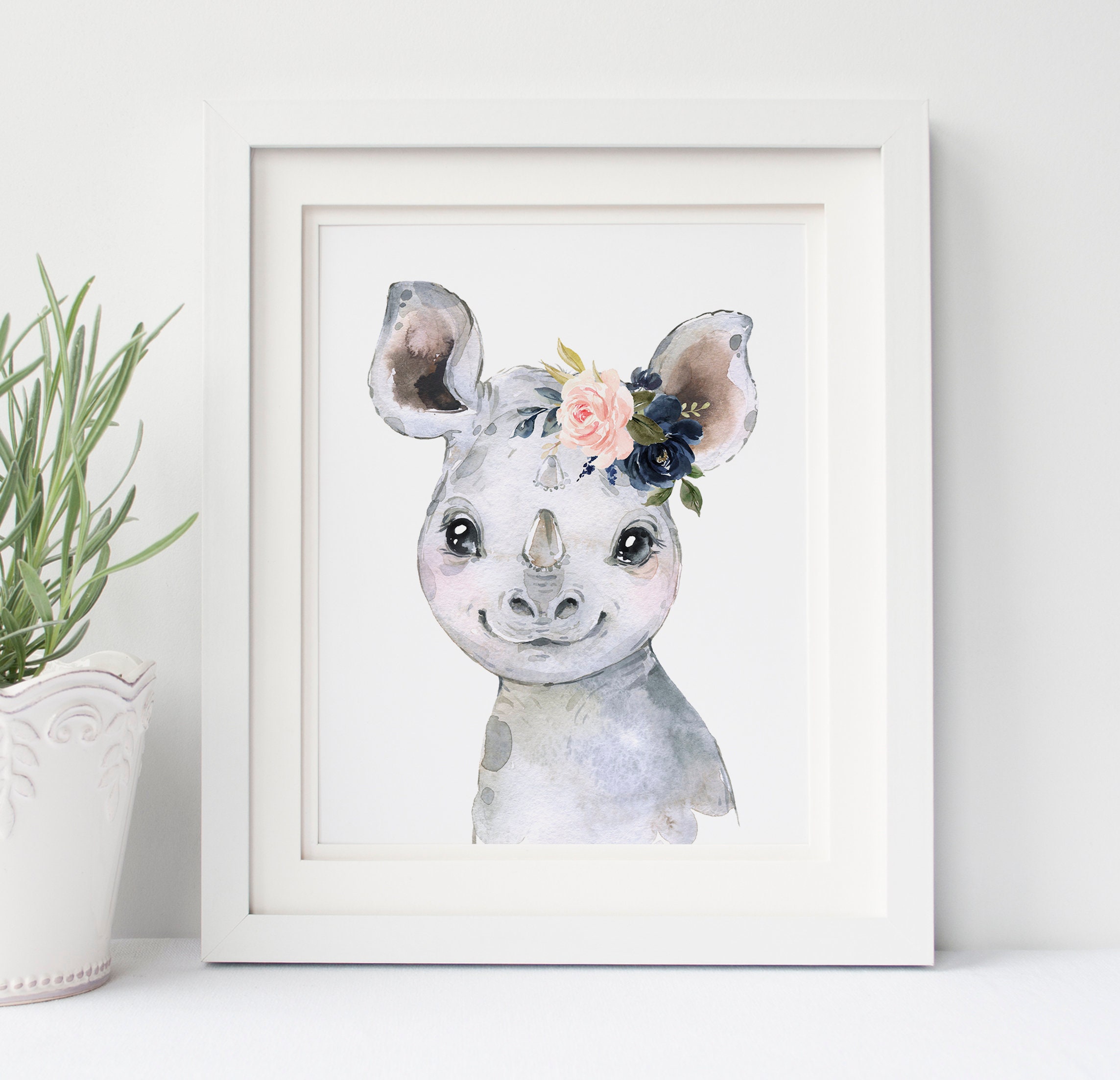 Blush Pink Navy Floral Safari Animal Prints, Nursery Wall Decor ...