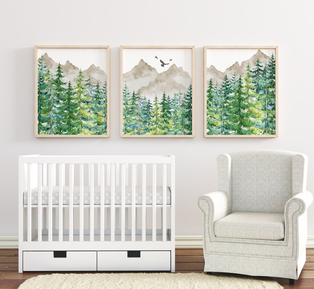 Set of 3 Woodland Nursery Prints, Mountains, Evergreen Trees, Boy Wall ...