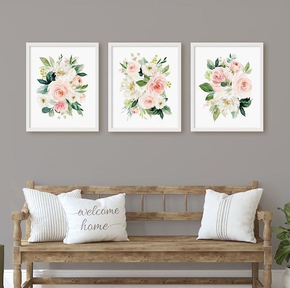 Watercolor Floral Wall Art, Pink Floral Prints, Girl Nursery Blush Pink Watercolor Floral Bouquets, Bedroom Wall Decor, Digital Download,