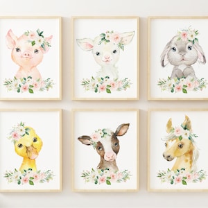 May include: Set of six watercolor prints featuring adorable farm animals wearing floral crowns. Each print features a different animal, including a pig, lamb, bunny, duck, calf, and horse. The prints are perfect for a nursery or child's room.