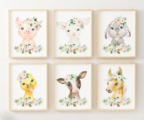 Boerderij Dieren Babykamer Printen, Dieren Posters, Kinderkamer Decor, Baby Cadeau, Kunst aan de muur, Kraam Cadeau, Konijn Lam Koe Paard