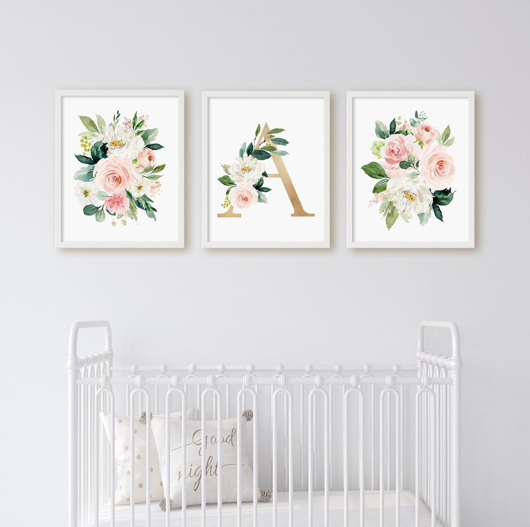 Gold Monogram Watercolor Floral Blush Nursery Art, Baby Girl Nursery ...