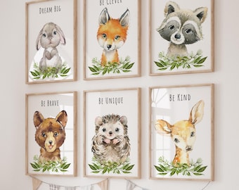 Set of 6 Woodland Animal Prints, Bear Deer Fox, Boys Room Decor, Baby Boy Nursery Wall Art, Kids Room Wall Decor, Greenery Nursery Prints,