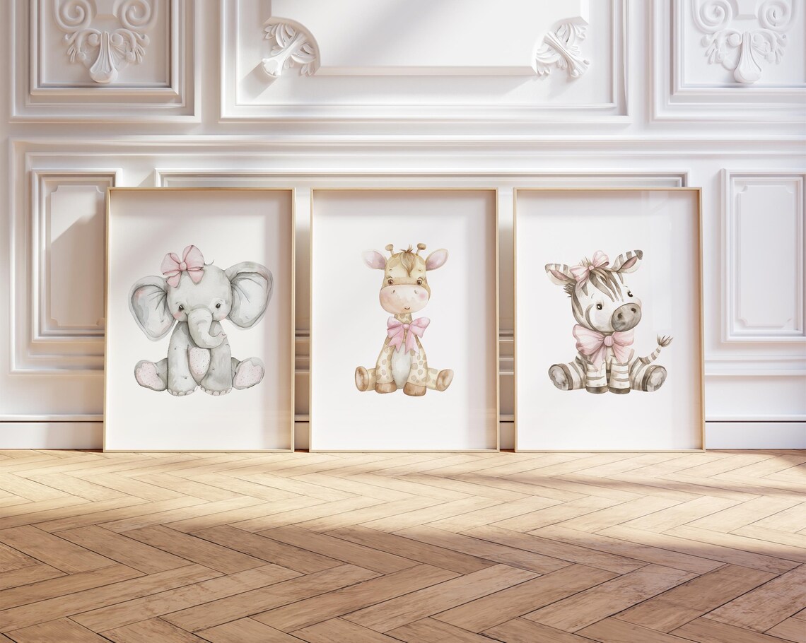 Set of 3 Safari Animal Prints, Girl Nursery Animal Wall Art, Cute ...