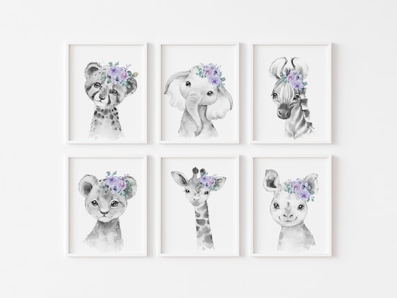 6 Black and White Safari Animal Nursery Prints Lavender - Etsy
