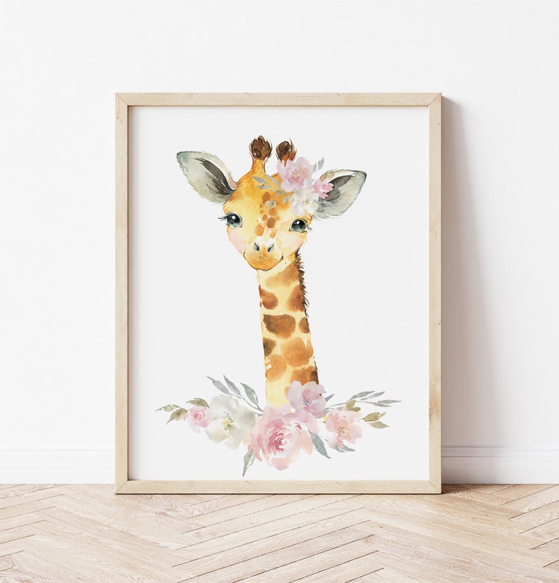 May include: A watercolour painting of a giraffe wearing a floral crown. The giraffe is looking directly at the viewer. The background is white.
