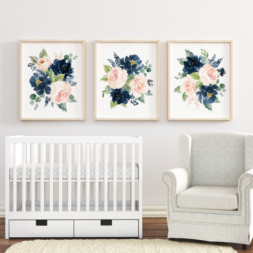 Floral Girl Nursery Wall Art Watercolor Blush Pink Coral Navy Etsy