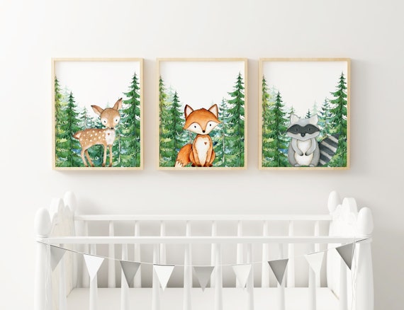 Set of 3 Woodland Animals Nursery Print, Evergreens, Baby Boy Woodland Nursery Wall Art, Woodland Decor, Forest Animals Nursery Wall Decor
