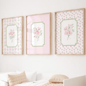 Set of 3 Floral Nursery Print, GrandMillenial Baby Girl Room Decor, Floral Wall Art, Botanical Print Set, Pink Green Decor, Livingroom Print