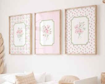 Set of 3 Floral Nursery Print, GrandMillenial Baby Girl Room Decor, Floral Wall Art, Botanical Print Set, Pink Green Decor, Livingroom Print