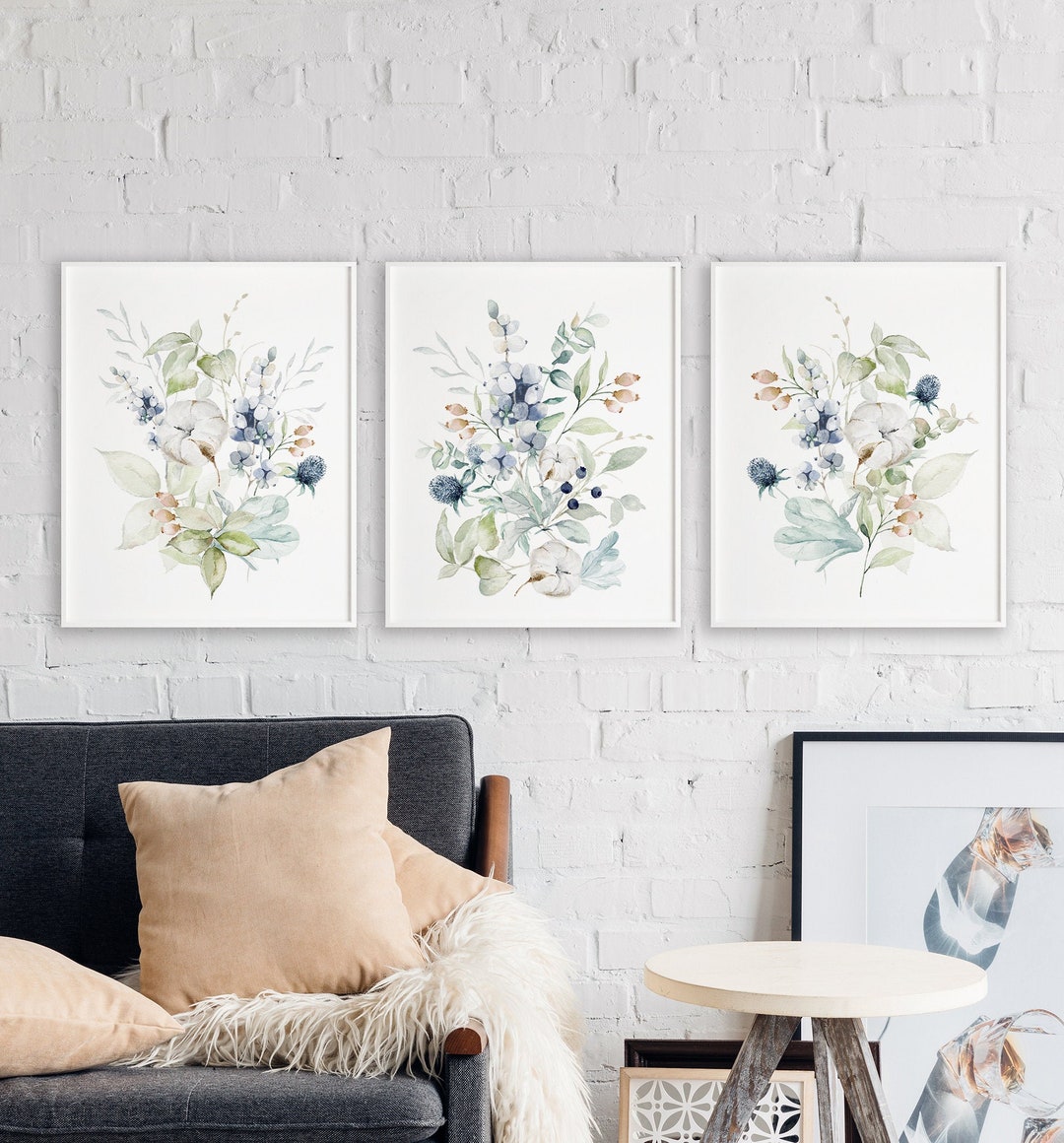 Set of 3 Blue Wildflower Bouquets, Watercolor Floral Wall Art ...