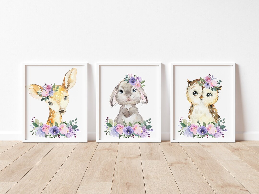 Baby Girl Nursery Wall Art, Lavender Pink Floral Prints, Woodland ...