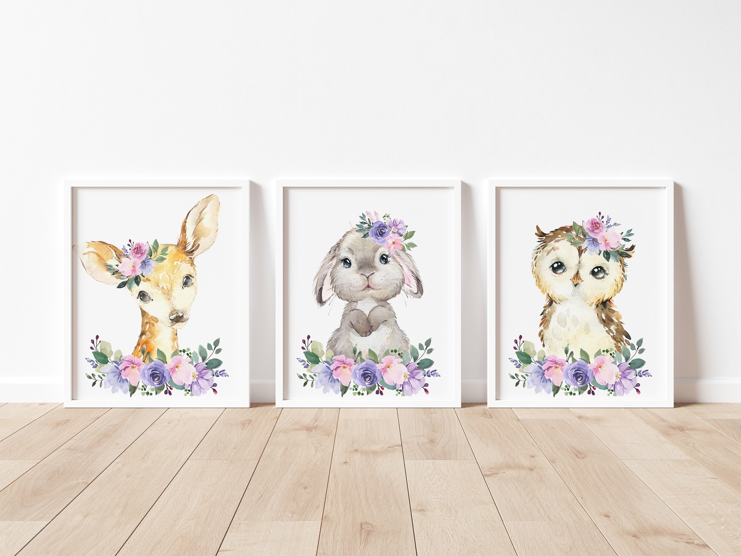 Baby Girl Nursery Wall Art, Lavender Pink Floral Prints, Woodland ...