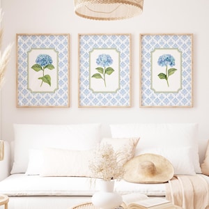 Set of 3 Blue Hydrangea Prints, Chinoiserie Wall Art, Hydrangea Print, Grandmillennial Art, Hydrangea Painting, Botanical Art, Blue Damask,