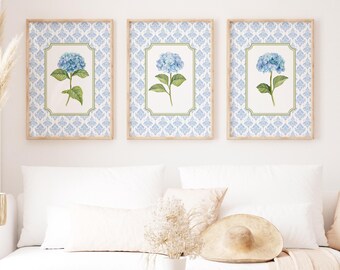 Set of 3 Blue Hydrangea Prints, Chinoiserie Wall Art, Hydrangea Print, Grandmillennial Art, Hydrangea Painting, Botanical Art, Blue Damask,