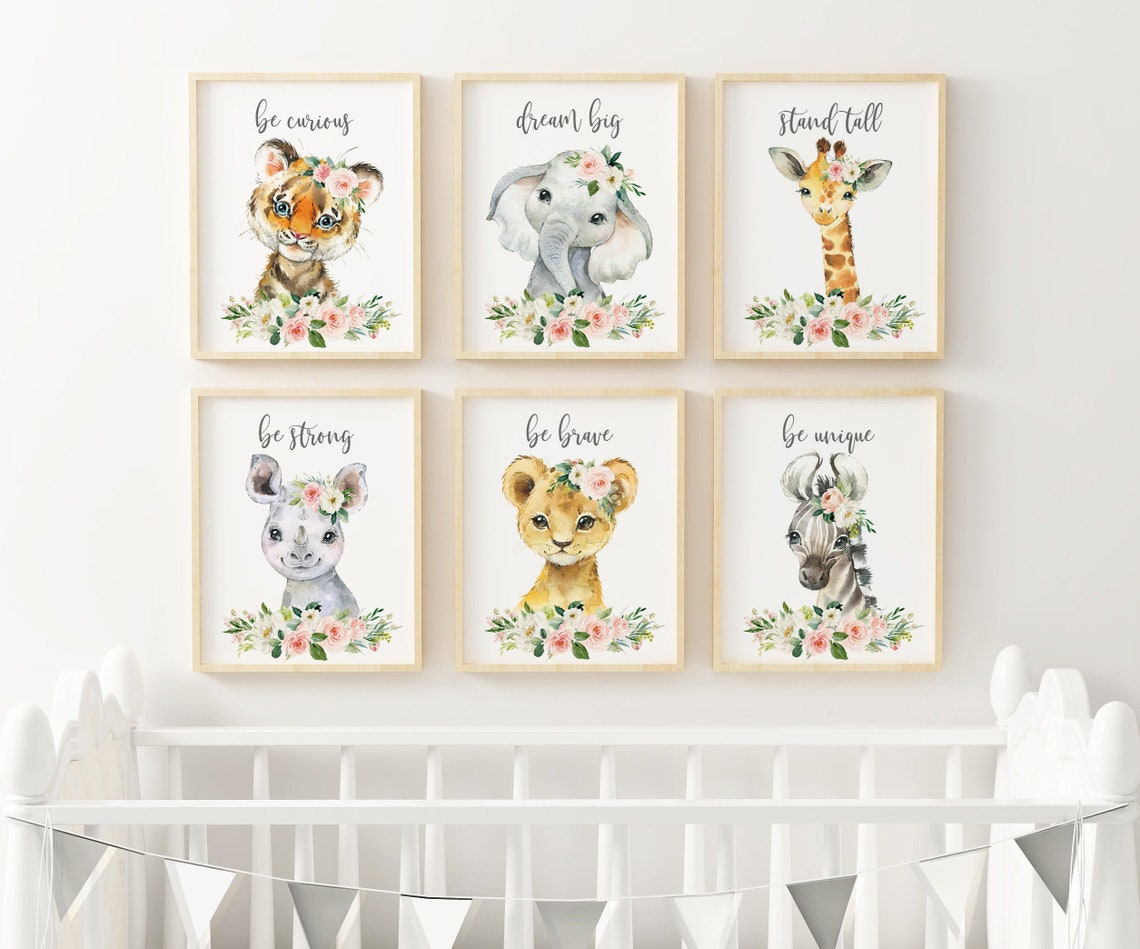 Blush Pink Floral Safari Animal Prints, Nursery Wall Decor, Watercolor ...