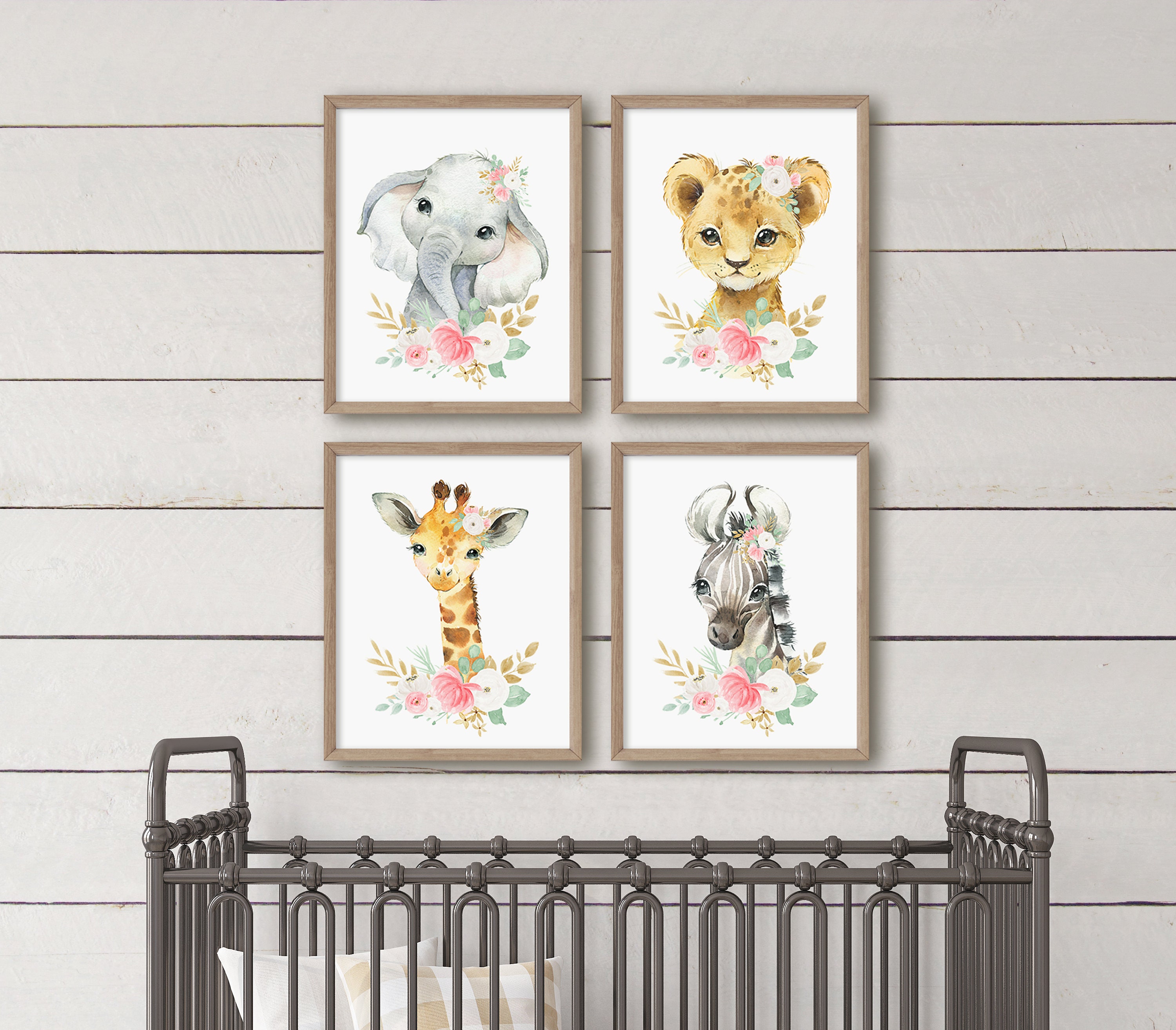 Set of 4 Watercolor Floral Safari Animal Baby Girl Nursery Wall Decor ...