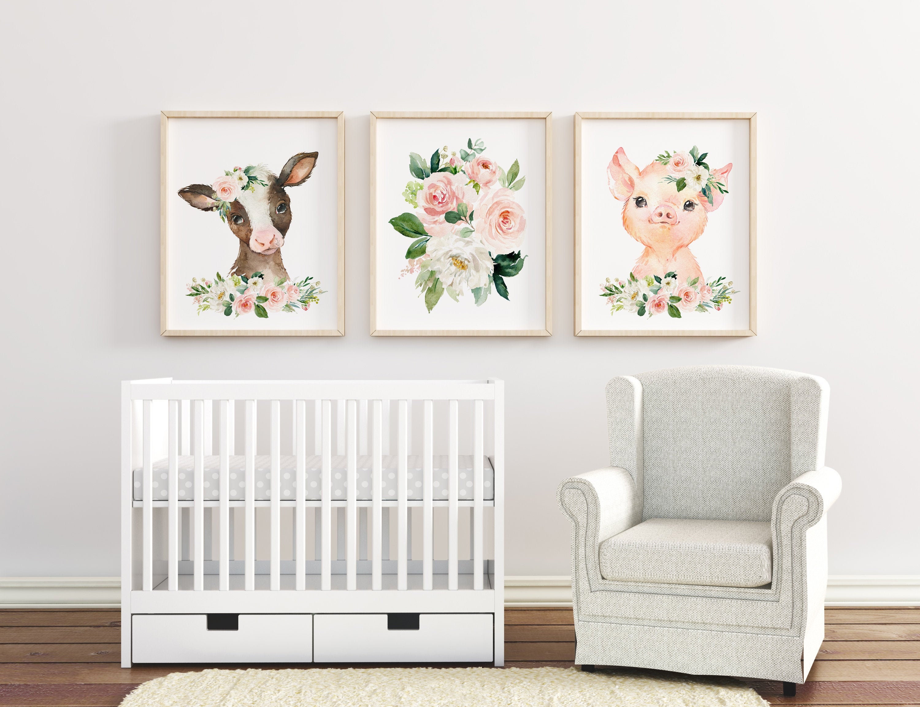 Girl Nursery Blush Pink Floral Bouquets, Pig Cow Print, Watercolor ...