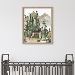 May include: A watercolor painting of a wolf howling in a forest setting. The wolf is brown and gray, and the forest is green with tall trees and mountains in the background.