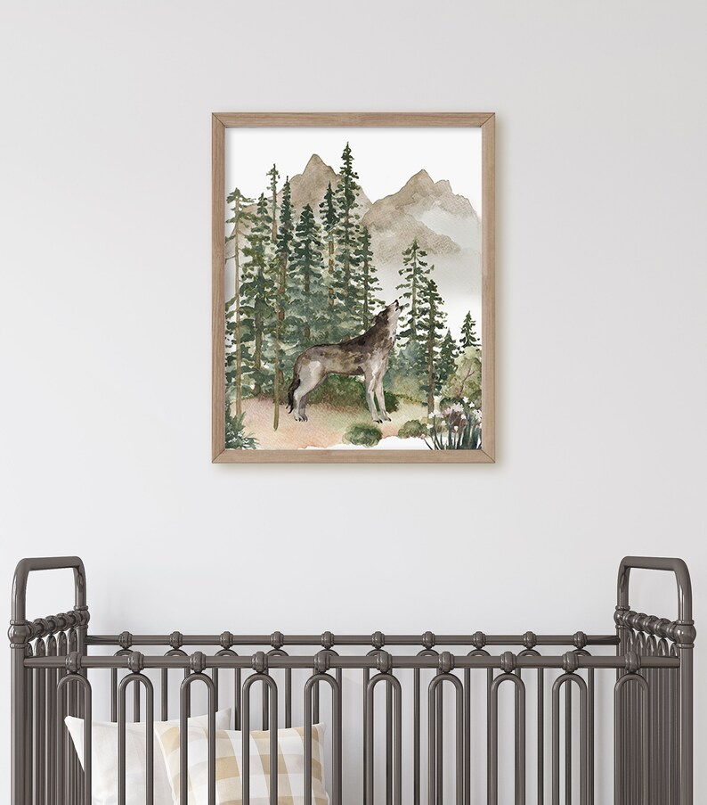 May include: A watercolor painting of a wolf howling in a forest setting. The wolf is brown and gray, and the forest is green with tall trees and mountains in the background.