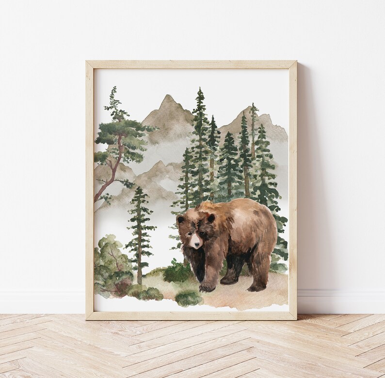 May include: A watercolor painting of a brown bear walking through a forest. The bear is in the foreground, and the background is a lush green forest with tall trees and mountains.