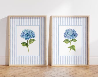Set of 2 Blue Hydrangea Prints, Chinoiserie Wall Art, Hydrangea Print, Grand Millennial Art, Hydrangea Painting, Botanical Art, Blue Stripes