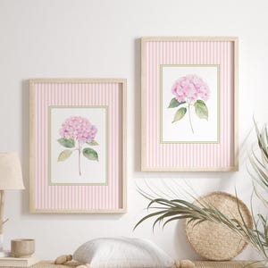 Set of 2 Pink Hydrangea Prints, Chinoiserie Wall Art, Hydrangea Print, Grand Millennial Art, Hydrangea Painting, Botanical Art, Pink Stripes