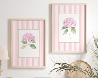 Set of 2 Pink Hydrangea Prints, Chinoiserie Wall Art, Hydrangea Print, Grand Millennial Art, Hydrangea Painting, Botanical Art, Pink Stripes