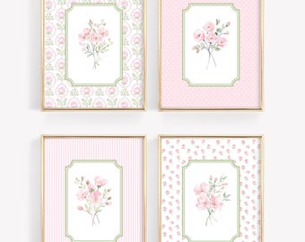 Set of 4 Floral Nursery Print, GrandMillenial Baby Girl Room Decor, Floral Wall Art, Botanical Print Set, Pink Green Decor, Livingroom Print