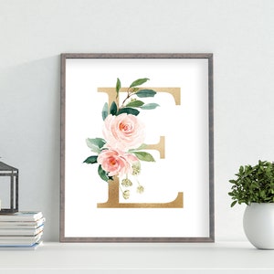 Floral Pink Gold Letter E Print, First Initial, Monogram, Nursery Wall ...