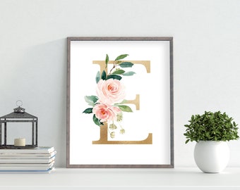 Floral Pink Gold Letter E Print, First Initial, Monogram, Nursery Wall Decor, Watercolor Flowers, Floral Nursery Wall Art, Digital Download,