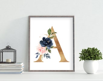 Rosa Marine Floral Gold Brief Druck, Buchstabe A, erste Initial, Monogramm, Kinderzimmer Wand-Dekor, Aquarell Blumen, Floral Kinderzimmer Wandkunst,