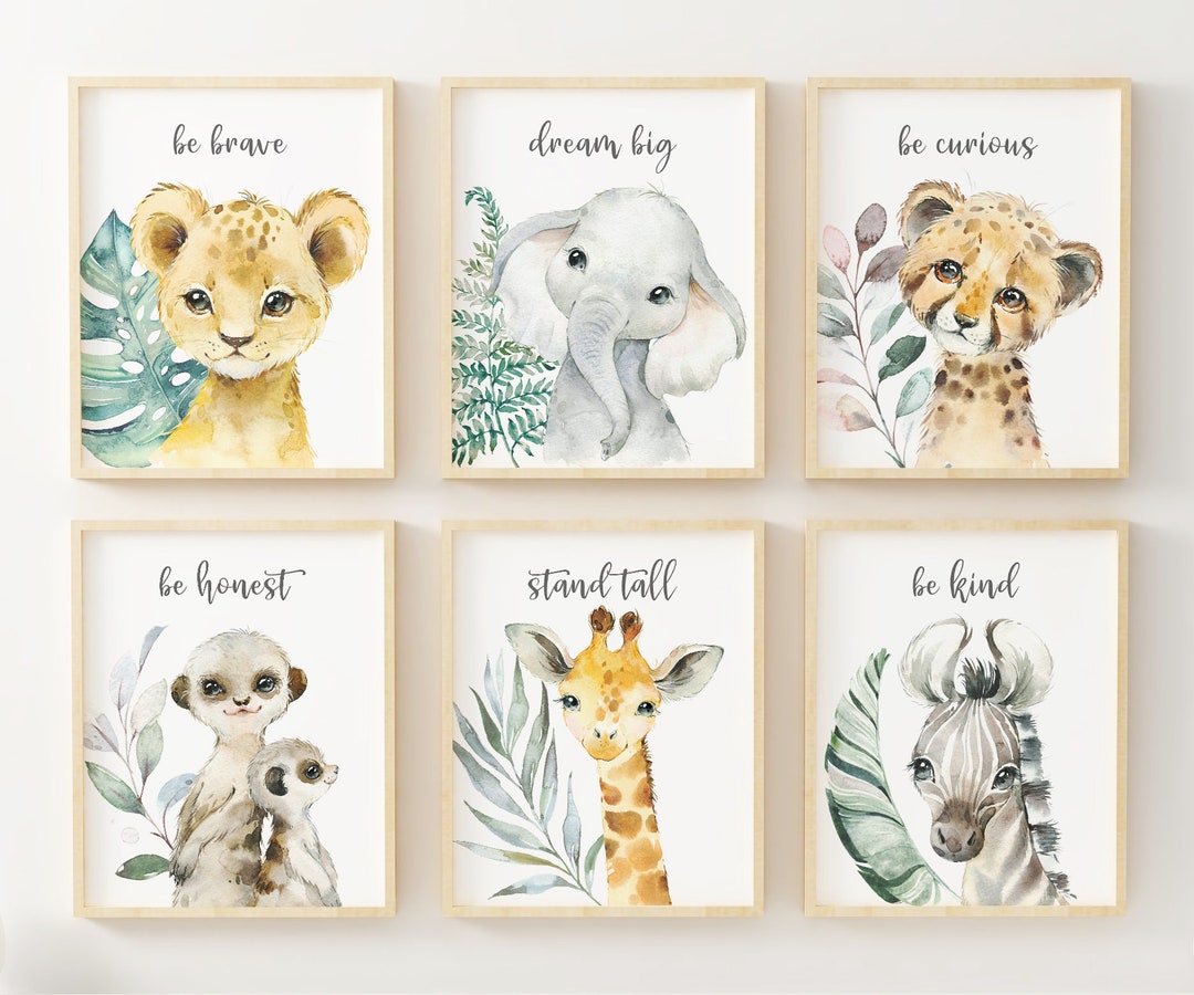 Safari Animal Prints, Tropical Leaves Nursery Wall Decor, Watercolor ...