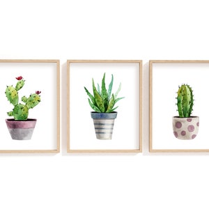 Cactus Prints, Succulent Prints, Botanical Print Set, Watercolor Plants, Greenery Art, Bedroom Wall Art, Modern Minimalist Poster, Set of 3