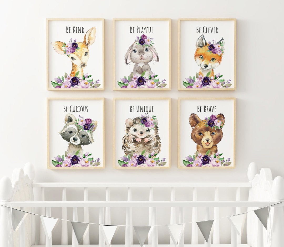 Woodland Animal Wall Art, Baby Girl Nursery Prints, Watercolor Purple ...