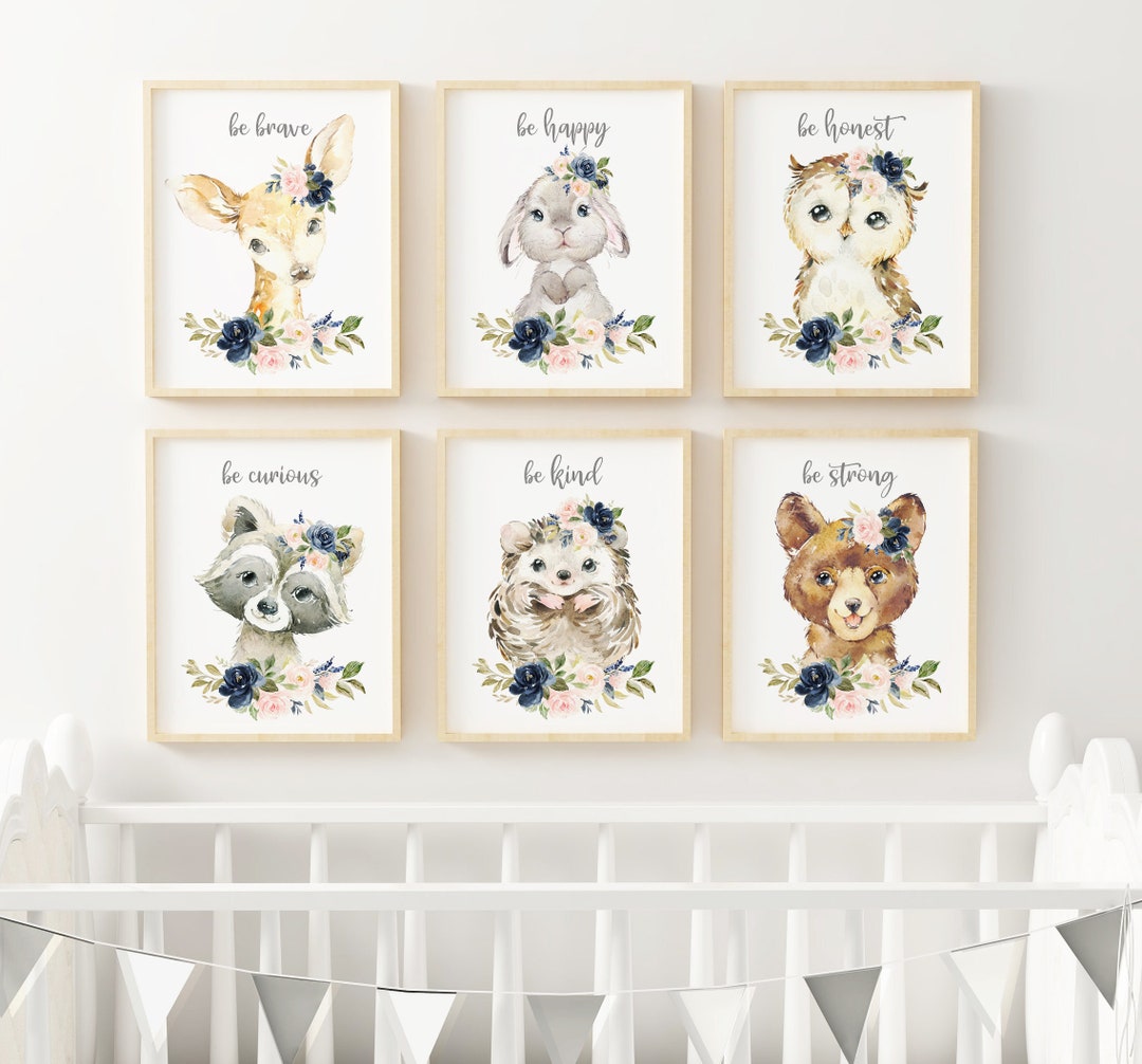 Woodland Animal Prints, Blush Navy Floral Nursery, Baby Girl Nursery ...