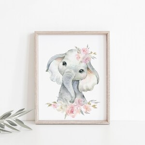 May include: A watercolour painting of a cute baby elephant with pink flowers in its hair. The elephant is looking at the viewer with big, innocent eyes. The background is white.